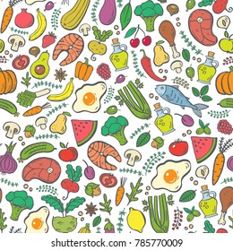 Paleo food  seamless pattern. Handdrawn illustration. Vector background. 