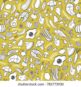 Paleo food  seamless pattern. Handdrawn illustration. Vector background. 