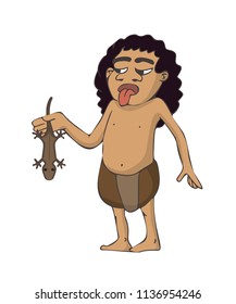 paleolithic diet, cave boy caught lizard, funny vector cartoon illustration od prehistoric hunter