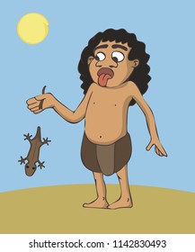 paleolithic diet, cave boy trying to catch lizard, funny vector cartoon illustration of unsuccessful hunting
