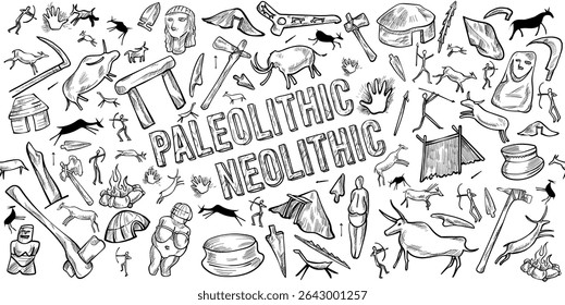 Paleolítico e Neolítico ilustração de doodle linear. clip-art de vetor desenhado à mão. Conjunto de banners em segundo plano.
