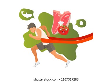 The Paleolithic or Paleo diet concept illustration: meat steak and winner runner athlete.