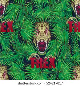 Paleonthology seamless pattern. Detailed sketch style drawing of the roaring tirannosaurus rex hiding among tropical palm tree leaves. Vivid colors. EPS10 vector illustration.