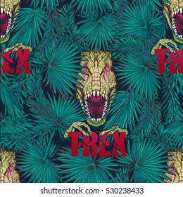 Paleonthology seamless pattern. Detailed sketch style drawing of the roaring tirannosaurus rex hiding among tropical palm tree leaves. Vivid colors. EPS10 vector illustration.