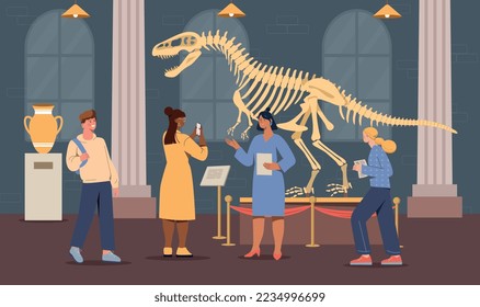 Paleontological exhibition concept. Men and women look at fossils, statue of dinosaur made of bones. Archeology and paleontology and animal BC. Poster or banner. Cartoon flat vector illustration