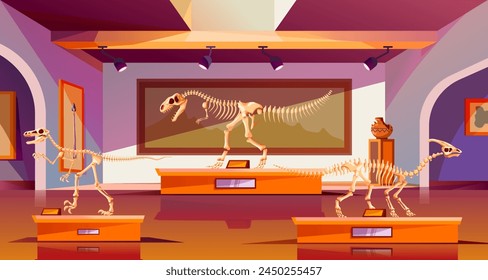 Paleontological museum. Archeology history fossil exhibit cartoon interior, extinct animal dinosaurs bone skeleton ancient prehistoric world paleontology vector illustration of archeology museum