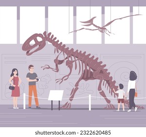 Paleontological museum with dinosaur skeletons. People adults and children on excursions. Archeology and fossil ancient lizards. Flat vector illustration