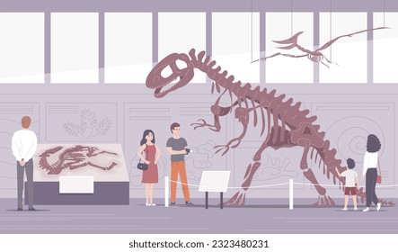 Paleontological museum with dinosaur skeletons. People adults and children on excursions. Archeology and fossil ancient lizards. Flat vector illustration