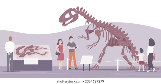 Paleontological museum with dinosaur skeletons. People adults and children on excursions. Archeology and fossil ancient lizards. Flat vector illustration