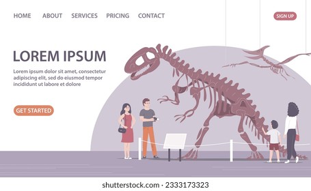 Paleontological museum with dinosaur skeletons. People adults and children on excursions. Archeology and fossil ancient lizards. Flat vector illustration. Design for website, banner