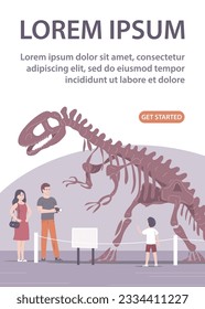 Museo paleontológico con esqueletos de dinosaurios. Adultos y niños en excursiones. Arqueología y lagartos fósiles antiguos. Ilustración vectorial plana. Diseño de sitio web, banner