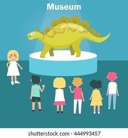 Paleontological museum. Dinosaur. Vector illustration in flat style. Image for booklets, brochures, flyers, websites. Cartoon character.