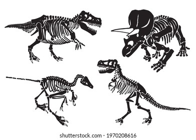 Paleontological set, graphical skeletons of dinosaurs on white background,vector fossils silhouettes