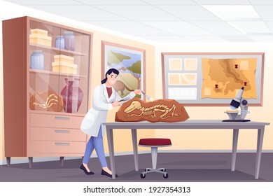 Paleontologist doing research with fossils in lab. Young woman studying extinct dinosaur bones in laboratory vector illustration. Ancient history museum interior background.