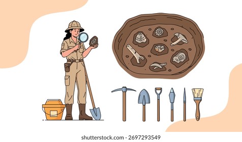 Paleontólogo examinando conchas e ossos fossilizados em um sítio de escavação arqueológica com ferramentas.