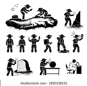 Paleontologist scientist digging dinosaur bone fossil and discover ancient artifact illustrations. Vector cliparts of paleontology, archaeology, and anthropology scientific research and career. 