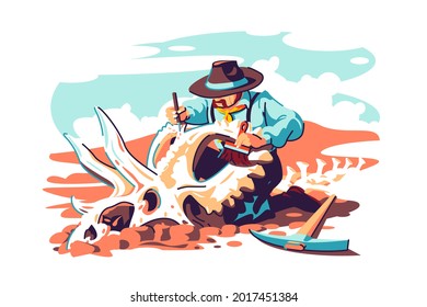 Paleontologist scientist work on excavations vector illustration. Study dinosaur fossil skeleton bone flat style. Research, science concept