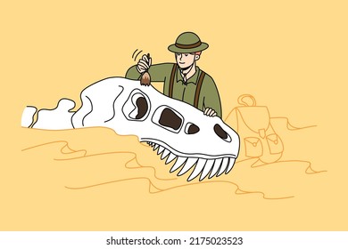 Paleontologist study dinosaur remains at archeology site. Man scientist working with old animal excavations. Paleontology and scientist. Vector illustration. 