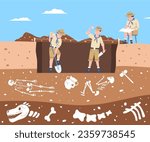 Paleontologist working. Historical archeology discovery, cartoon paleontology scene. Bones, ancient remains in ground, recent vector graphic