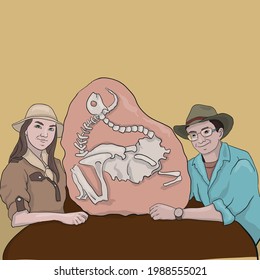 
Paleontologists, archaeologists with fossils, dinosaur bone, dinosaur skeleton