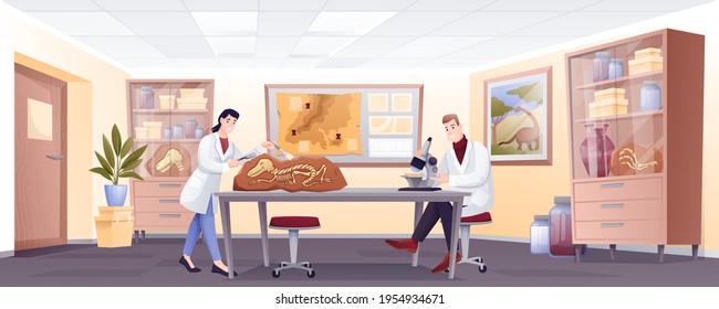 Paleontologists doing research with fossils in lab. People studying extinct dinosaur bones in laboratory vector illustration. Man with microscope, ancient history museum interior.