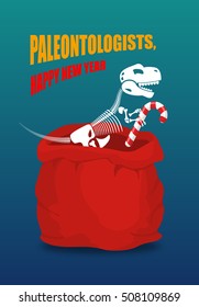 Paleontologists new year. Dinosaur skeleton in red sack Santa Claus. Tyrannosaurus congratulates on Christmas. Prehistoric predator. big bag with gifts
