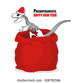 Paleontologists new year. Dinosaur skeleton in red sack Santa Claus. Tyrannosaurus congratulates on Christmas. Prehistoric predator. big bag with gifts