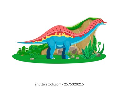 Paleontology Amargasaurus dinosaur cute character. Extinct lizard, reptile or Jurassic era animal comic cartoon vector character. Prehistoric dinosaur isolated personage with long neck and comb