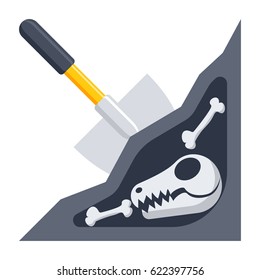 Paleontology concept with dinosaur skeleton in soil, vector illustration in flat style