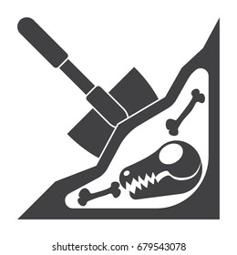 Paleontology concept with dinosaur skeleton in soil, vector silhouette