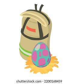 Paleontology concept icon isometric vector. Touristic backpack, dinosaur egg icon. Archeology equipment, history research