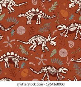 Paleontology Dinosaur Skeleton with Other Fossils Vector Seamless Pattern  