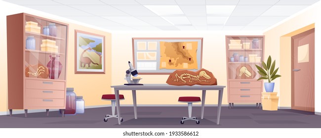 Paleontology lab interior background. Extinct dinosaur bones on desk with microscope, cupboards in laboratory room vector illustration. Ancient history museum horizontal panorama.