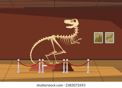 Paleontology museum with dinosaur fossils vector illustration. Cartoon paleontological exhibition with prehistoric dino skeleton. Historical artefacts and sculls on pedestals. Science concept.