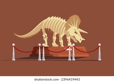 Paleontology museum with dinosaur fossils vector illustration. Cartoon paleontological exhibition with prehistoric triceratops skeleton. Historical artefacts and sculls on pedestals. Science concept.