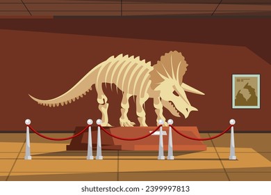 Paleontology museum with dinosaur fossils vector illustration. Cartoon paleontological exhibition with prehistoric triceratops skeleton. Historical artefacts and sculls on pedestals. Science concept.