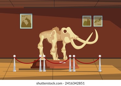 Paleontology museum with dinosaur fossils vector illustration. Cartoon paleontological exhibition with prehistoric mammoth skeleton. Historical artefacts and sculls on pedestals. Science concept.