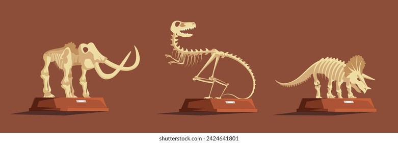 Paleontology museum with dinosaur fossils vector illustration. Cartoon paleontological exhibition with prehistoric dino skeletons. Historical artefacts and sculls on pedestals. Science concept.