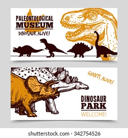 Paleontology museum dinosaurs animation exposition for jurrasic park visitors with children banners set abstract isolated vector illustration 