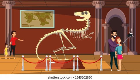 Paleontology museum flat vector illustration. Exhibition visitors cartoon characters. Mother with little daughter, young couple taking selfie. Dinosaur bones exposition, tyrannosaurus rex skeleton