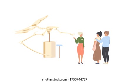 Paleontology museum tourist flat color vector faceless characters. People look at dinosaur skeleton. Prehistoric fossil exposition isolated cartoon illustration for web graphic design and animation