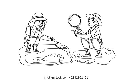 Paleontology Occupation Making Children Black Line Pencil Drawing Vector. Paleontology Scientist Kids Working On Excavation, Exploring And Researching Founded Artifacts. Characters Archeology Job