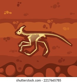 Paleontology Science Concept. Dinosaur Skeleton Bones in Dirt Underground Clay Layer. Archeology Bones In Soil Layers. Buried Animal Fossil, Death Lizard In Dirty Earth. Cartoon Vector Illustration