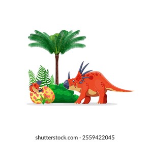 Paleontology Styracosaurus dinosaur funny character. Paleontology dinosaur, extinct lizard or animal cute cartoon vector personage. Jurassic era reptile happy isolated character with baby in egg