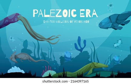 Composición de caricaturas de la era paleozoica con criaturas submarinas en la ilustración de vectores de fondo marino