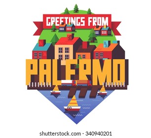 Palermo in Italy is Beautiful city to visit on holiday, vector cartoon illustration