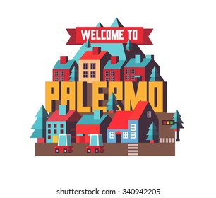Palermo in Italy is Beautiful city to visit on holiday, vector cartoon illustration
