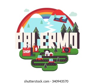 Palermo in Italy is Beautiful city to visit on holiday, vector cartoon illustration