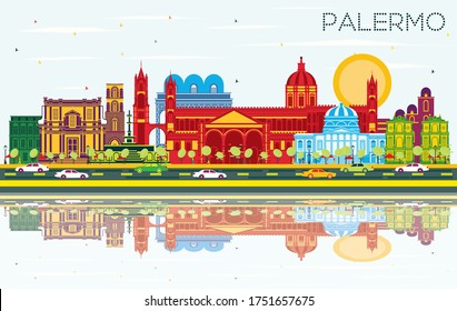Palermo Italy City Skyline with Color Buildings, Blue Sky and Reflections. Vector Illustration. Business Travel and Tourism Concept with Historic Architecture. Palermo Sicily Cityscape with Landmarks.