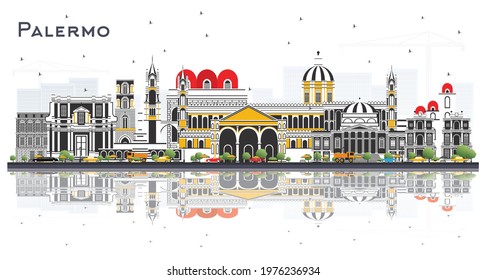 Palermo Italy City Skyline with Color Buildings and Reflections Isolated on White. Vector Illustration. Business Travel and Tourism Concept with Historic Architecture. Palermo Sicily Cityscape.
